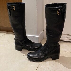 Woman’s Prada Black Tall Moto Riding Pebble Grain Leather Boots 36EU - 6 US